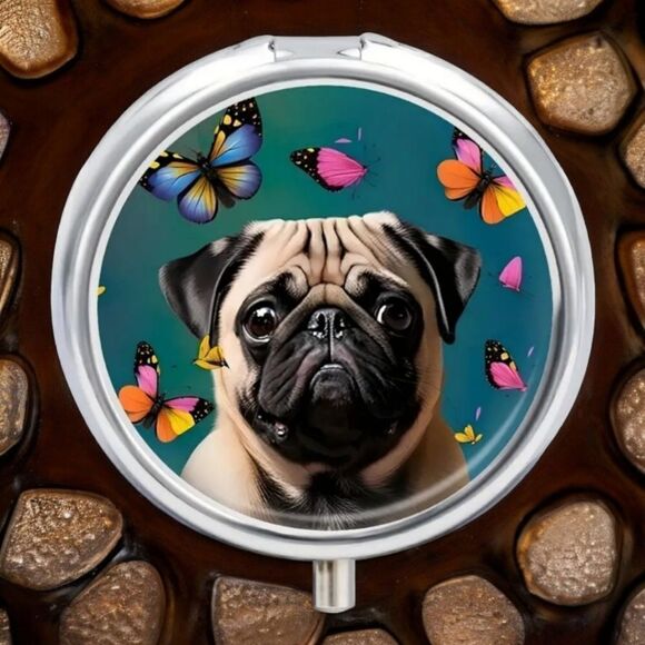Pug Bulldog 🐶 Pill Box Medicine Mini Case Mirror Dog Mom Travel Portable Purse - Picture 1 of 7